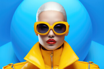 A model with bold makeup, yellow sunglasses, and a matching jacket on a blue background.