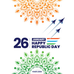 Fototapeta na wymiar 26 january republic day of india celebration with wavy indian flag and fighter jets vector