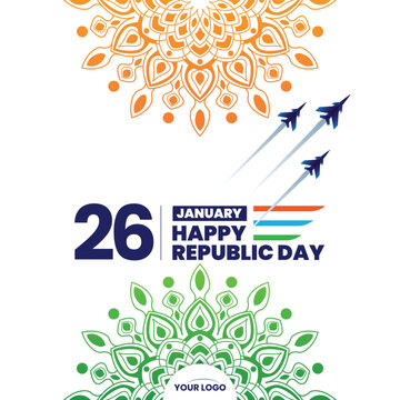 26 january republic day of india celebration with wavy indian flag and fighter jets vector