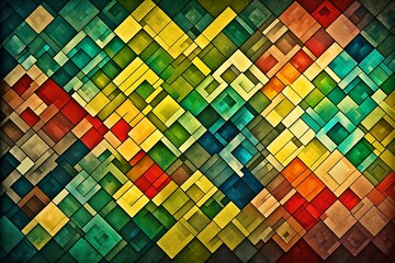Abstract modern background in blue green red and yellow beige colors and contemporary diamond rectangle square and block shapes layered in random geometric art pattern with fine texture 