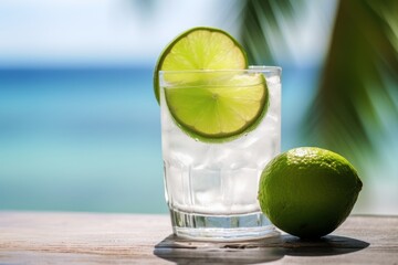Photo of a refreshing coconut water with a slice of lime. Generative AI