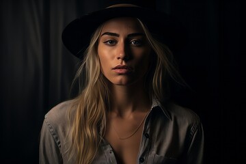 Portrait of a beautiful girl in a hat on a dark background