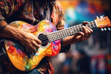 Musician strums a colorful acoustic guitar on the street