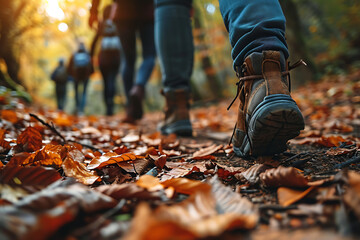 Group of tourists walks along the path of the autumn forest. Feet close-up. Traveling in a small group