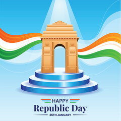 26 january republic day of india celebration with wavy indian flag and india gate vector