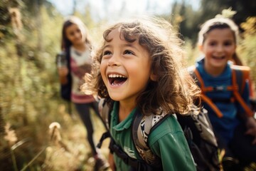 Happy children hiking and laughing in a sunlit forest.