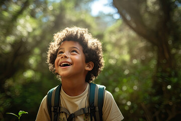 Joyful child in the forest, looking up with a bright smile.