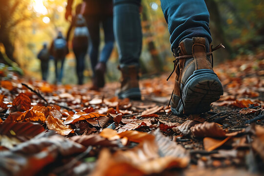 Group of tourists walks along the path of the autumn forest. Feet close-up. Traveling in a small group