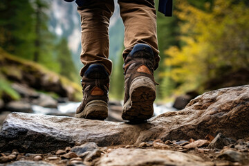 Hiking boots stepping over a stream in a forest.