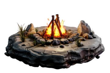 campfire is encircled by stones and emits bright yellow-orange flames creating a warm atmosphere