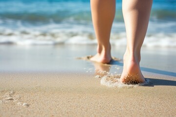Bare feet walking on sandy beach with waves.