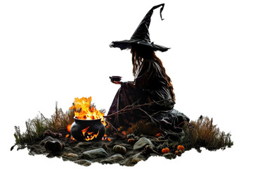 spooky witch sitting beside a flaming cauldron