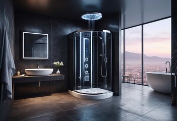 Contemporary bathroom with nighttime lighting featuring shower bathtub mirror and washstand