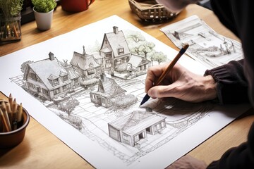 Person drawing architectural house plans. - obrazy, fototapety, plakaty