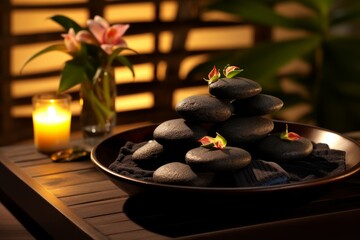 Photo of a relaxing hot stone massage setup. Generative AI