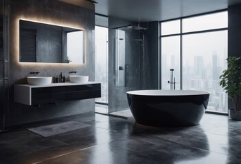Fototapeta na wymiar Contemporary bathroom with nighttime lighting featuring shower bathtub mirror and washstand