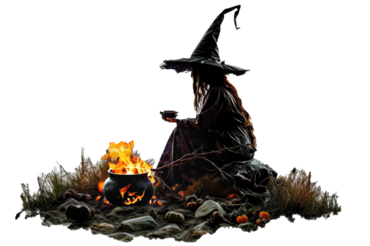 spooky witch sitting beside a flaming cauldron