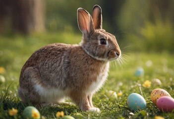 Fototapeta premium gray rabbits in the grass among colored eggs at sunset or sunrise. Spring or summer sunny day outdoors.