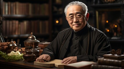 Portrait of a wise old Asian man - obrazy, fototapety, plakaty