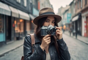 Woman photographer with dslr camera taking pictures outdoor. Mixed race girl with photo camera outdoor. Home hobby, lifestyle, travel, people concept