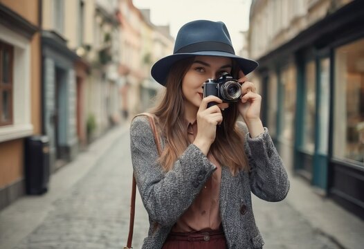 Woman photographer with dslr camera taking pictures outdoor. Mixed race girl with photo camera outdoor. Home hobby, lifestyle, travel, people concept