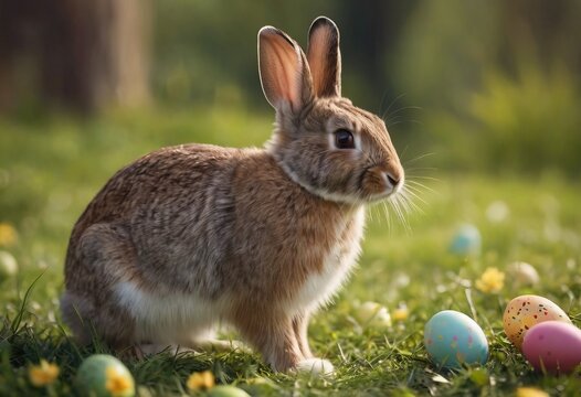 gray rabbits in the grass among colored eggs at sunset or sunrise. Spring or summer sunny day outdoors.