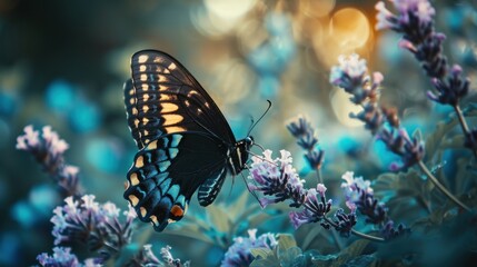  a close up of a butterfly on a plant with purple flowers in the foreground and a blurry background.