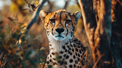  a close up of a cheetah's face in a field of tall grass with trees in the background.