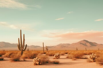 Photo of a serene desert landscape with cacti. Generative AI - obrazy, fototapety, plakaty