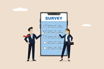 Online survey questionnaire, opinion or customer feedback using internet concept, man and woman using mobile to fill in online survey checklist.