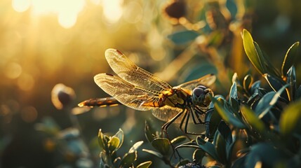  a close up of a dragonfly on a plant with the sun shining through the leaves and branches behind it. - obrazy, fototapety, plakaty