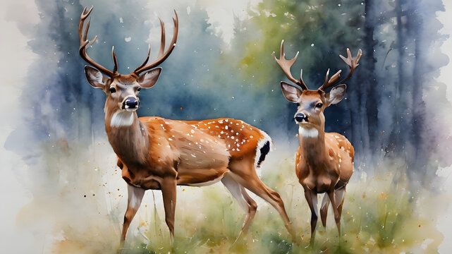 watercolor realistic deer, pure white background