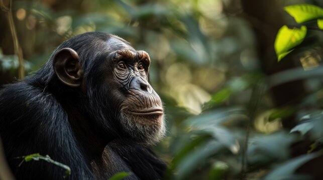  a close - up of a chimpan's face in front of a leafy background of trees.