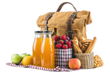 backpack and small jar with a yellow cap possibly containing jam or another spread is placed near the sandwich
