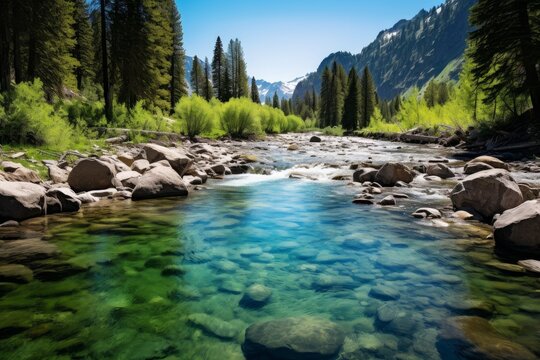 Photo of a serene mountain stream with crystal-clear water. Generative AI