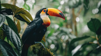 Fototapeta premium a colorful toucan perched on a tree branch in a tropical forest with lots of trees and greenery.