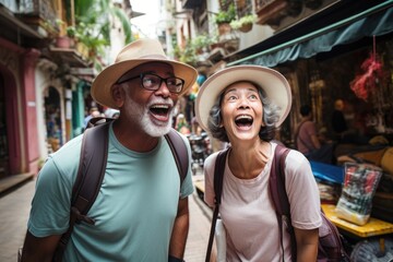 Joyful couple with hats laughing on a vibrant street.