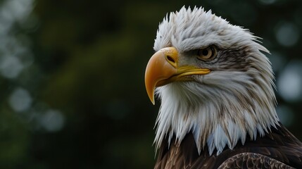Obraz premium a close up of a bald eagle's head with trees in the backgrouds in the background.