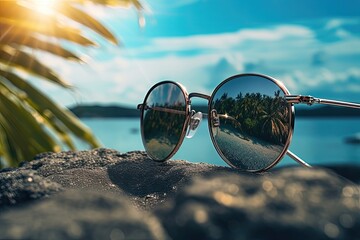 Sunglasses reflecting a tropical beach on a sunny day.