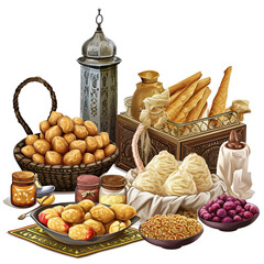 Ramadan food dry fruits items arab culture islam on transparent background