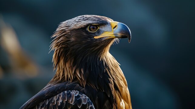  a close up of a bird of prey on a dark background with a blurry image of a bird of prey in the background.