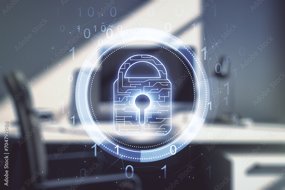 Aufkleber creative lock sketch with chip hologram and modern desk with computer on background, protection of p