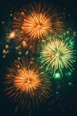 a group of fireworks with green, orange, yellow and red