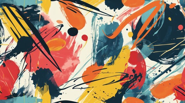  a multicolored abstract painting with black, orange, yellow, red, and blue strokes on a white background.