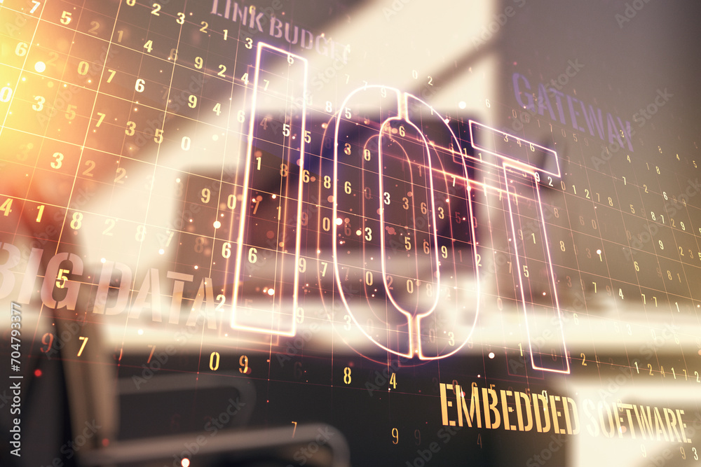 Poster Double exposure of creative IOT hologram and modern desktop with laptop on background, research and development concept