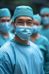 Fototapeta na wymiar Focused Asian male surgeon in scrubs with team in operating room, intense medical procedure.