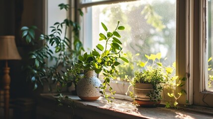  a window sill filled with potted plants next to a window sill with a lamp on top of it.