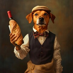 dog with a bottle of wine and bread
