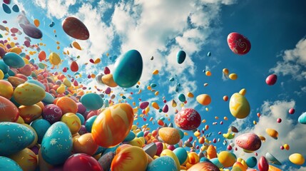 Fototapeta premium a bunch of balloons floating in the air with a blue sky in the back ground and clouds in the background.