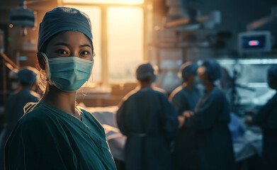 Asian medical surgeon in scrubs, sterile mask, illuminated OR background, focused healthcare specialist, surgery . - obrazy, fototapety, plakaty